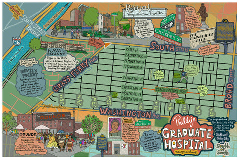 Map of Graduate Hospital, South of South, Philly neighborhood, Philly Map Art, Pennsylvania (customization and framing options) (Copy)