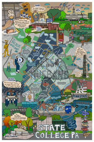 Map of State College, PA, Penn State, Happy Valley (customization and framing options)