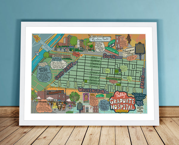 Map of Graduate Hospital, South of South, Philly neighborhood, Philly Map Art, Pennsylvania (customization and framing options) (Copy)